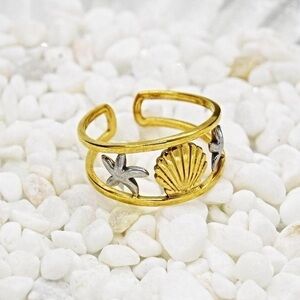 Ocean Inspired Shell and Starfish Gold Cuff Band